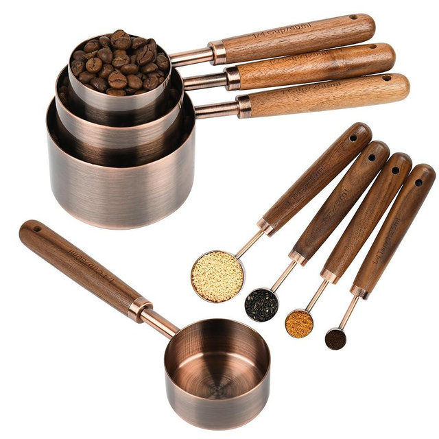 Kalsreui Measuring Cups and Spoons Set with Wood Handle, Stainless Steel Measuring Cup and Spoons Set, Copper Measuring Cups and Spoons for Kitchen & Baking