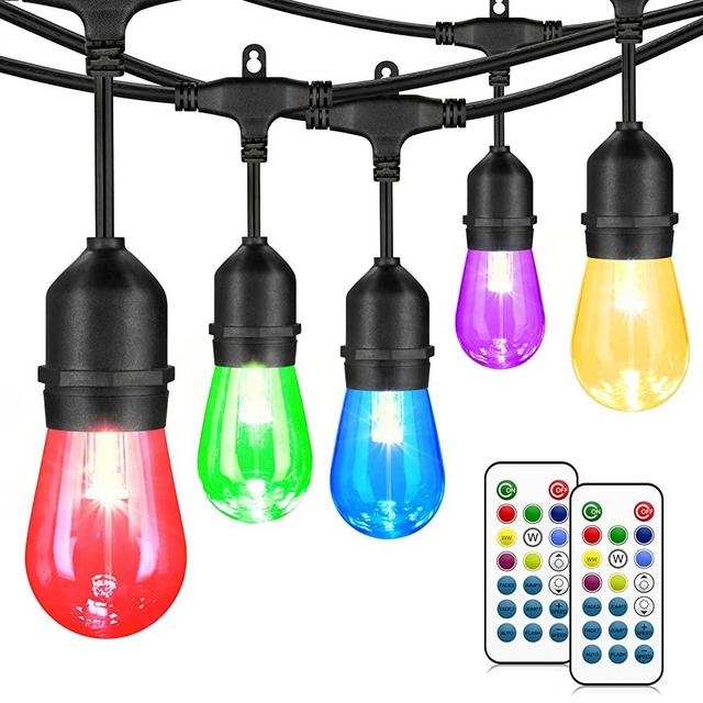 48FT Outdoor Patio Lights, RGB Cafe String Lights with 18 E26 S14 Shatterproof Edison Bulbs, Commercial Grade Dimmable String Lights for Bistro Backyard Garden, 2 Remote Controllers