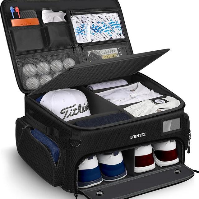 LOINTET Golf Trunk Organizer, Waterproof Car Golf Locker with Separate Ventilated Compartment for 2 Pair Shoes, Golf Storage for Balls, Tees, Cap, Clothes, Gloves, Accessories, Gifts for Men, Women