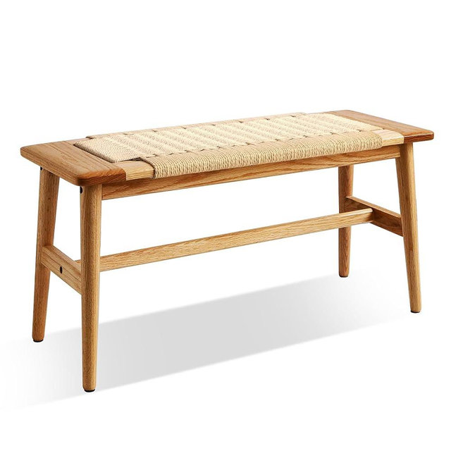 Grewood Wood Dining Bench,100% Natural Solid Oak with Rattan Design, Rounded Edge, Entryway Bench for Dining,Bedroom, Living Room (Beige Color, 31.49 inch)