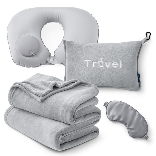 Bedsure Travel Blanket and Pillow Set with Inflatable Neck Pillows, Eye Mask and Storage Bag, Lightweight 3-in-1 Airplane Packable Blanket, Compact Travel Essentials, Grey