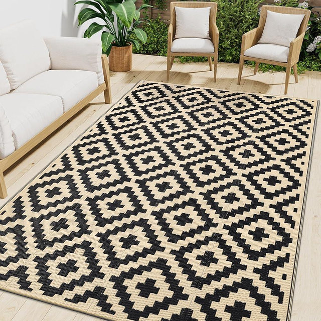 Smiry Waterproof Outdoor Rug 8x10 ft, Reversible Plastic Straw Patio Camping Rugs, Outdoor Indoor RV Mat Carpet for Patio, Outside Entry, Backyard, Deck, Bench, Picnic, Camper, Black & Beige