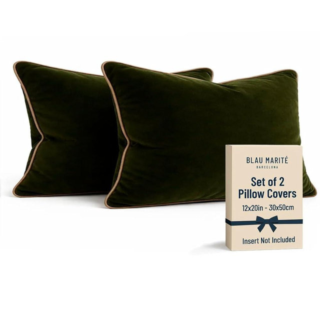 Blau Marité 2 Pack Polyester Decorative Throw Pillow Covers, 12"x20", Green and Camel, Solid, Modern, Contrast Piping, Indoor Use, Bedroom & Living Room