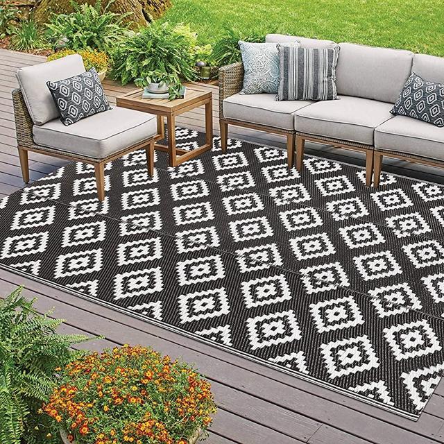 Homcomoda Reversible Outdoor Rugs 4'x6' Plastic Straw Patio Rugs Waterproof Lightweight RV Camping Mat Non Fading Area Rug Floor Carpet Mats for Deck Picnic BBQ Backyard Porch Beach