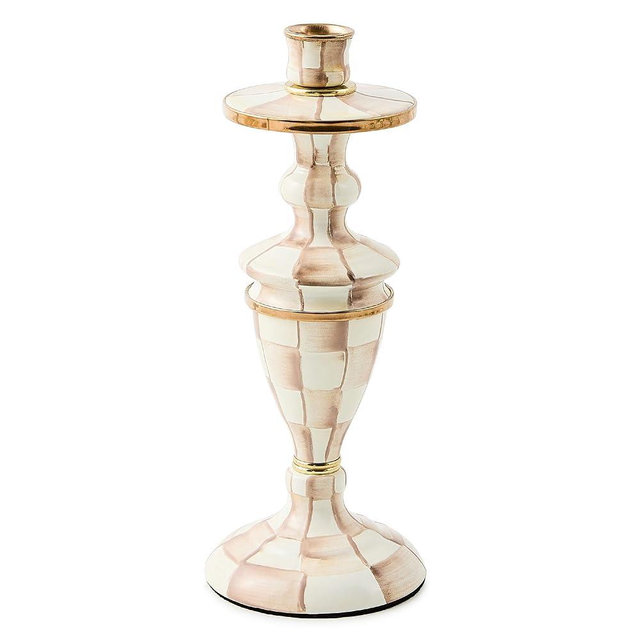 MACKENZIE-CHILDS Enamel Candlestick, Cute Candle-Holder Decor, Medium, Brown-and-White Mocha Check