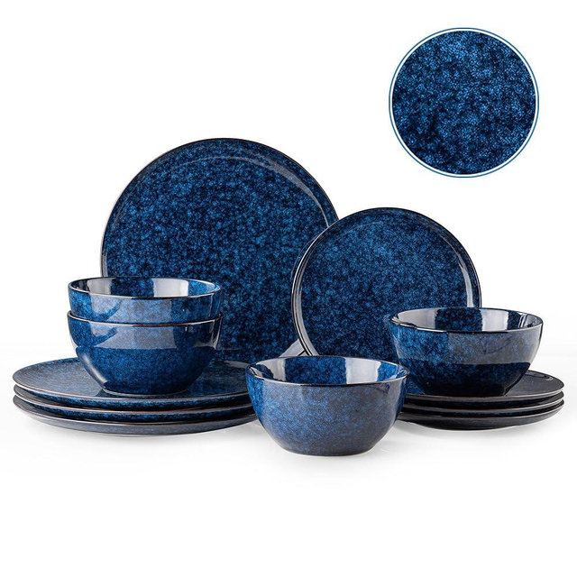 Dafuceramic Plates and Bowls Sets, 12 Pieces Dark Blue Dinnerware Sets for Kitchen, Reactive Glaze Dishes Set for 4, Dishwasher and Microwave Safe, Series Starflecked Shore(Dark Blue)