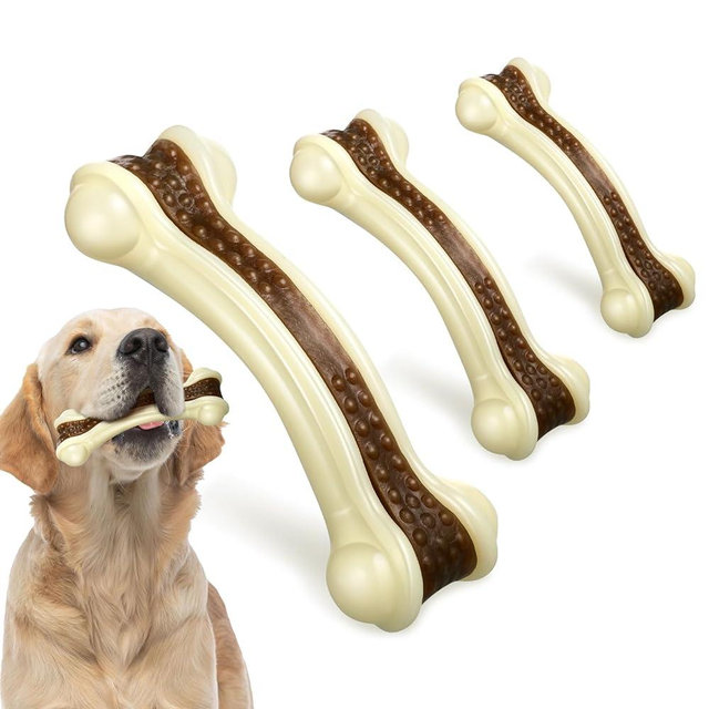 Sosation 3 Pack Chew Toys for Aggressive Chewers, Bone Toys Nylon Beef Flavor Dog Teething Toys for Large/Medium/Small Puppies Breeds(Small, Large, Medium, Curved Bone)