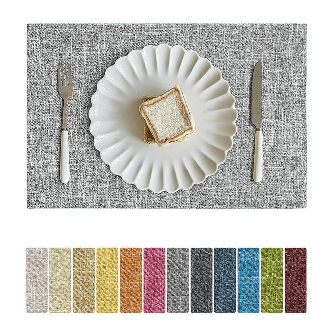 Softalker Faux Linen Placemats Set of 8-12 x 18 Inch, Heat Resistant Double Layered Durable Burlap Farmhouse Place Mats, Non-Slip Washable Rustic Table Mats for Dining, Kitchen, Party（Ash Grey