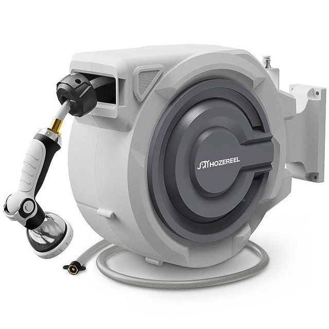 150 FT x 1/2" Retractable Garden Hose Reel by HOZEREEL, Outdoor Garden Hose Reels - Automatic Self Retract Wall Mount Hose Reel Enclosed Storage, Any Length Lock, 10 Pattern Nozzle-Grey