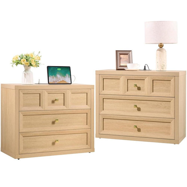 3 Drawers Nightstand Set of 2 W/Charging Station, 30.7" W King Size Bedside Table with 3 Drawers, Accent End Table W/Large Storage, Modern Wood Side Table for Bedroom,Office (2 Pieces,Natural)