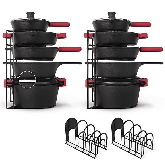 Pan Organizer - 2-PACK of Silicone-Coated Non-Slip 15" Heavy Duty Skillet Rack - Kitchen Counter/Cabinet Organization Storage - Holder for Cookie Sheet, Cutting Board, Cast Iron Cookware, Dish Stand