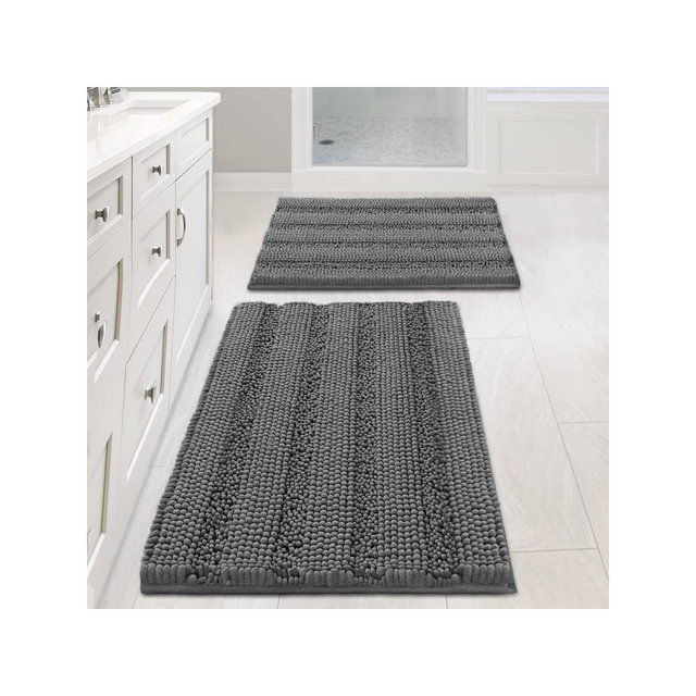 H.Versailtex 2pcs Sage Bathroom Rugs, Bath Mat Set of 2 Extra Thick Chenille Striped Pattern Shaggy Bath Rugs for Bathroom GREY 32"x20"/24"x17"