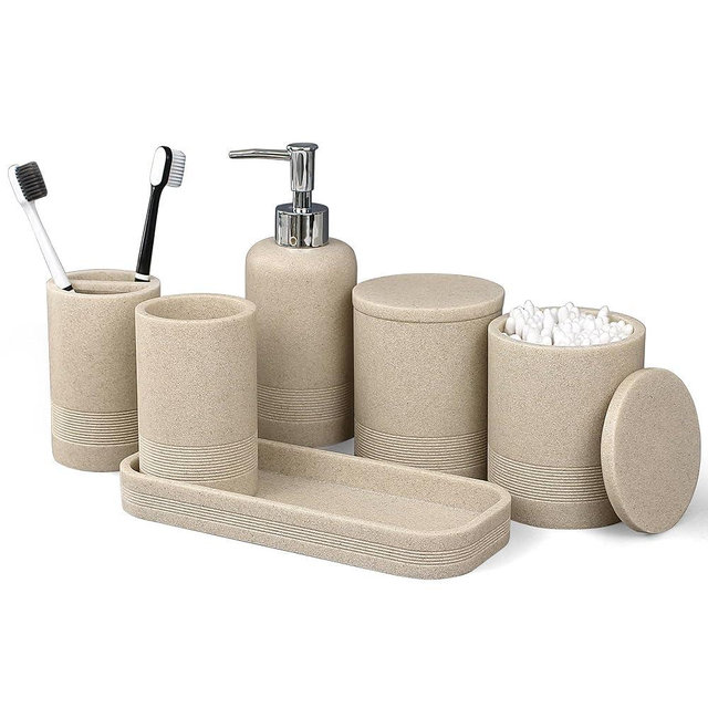 LIN CHUAN 6-Piece Bathroom Accessories Set, Bathroom Accessory Set with Soap Dispenser, Toothbrush Holder Set, Vanity Tray, Tumbler & 2 Cotton Swab Jars, Modern Stylish Bathroom Organizer(Beige)