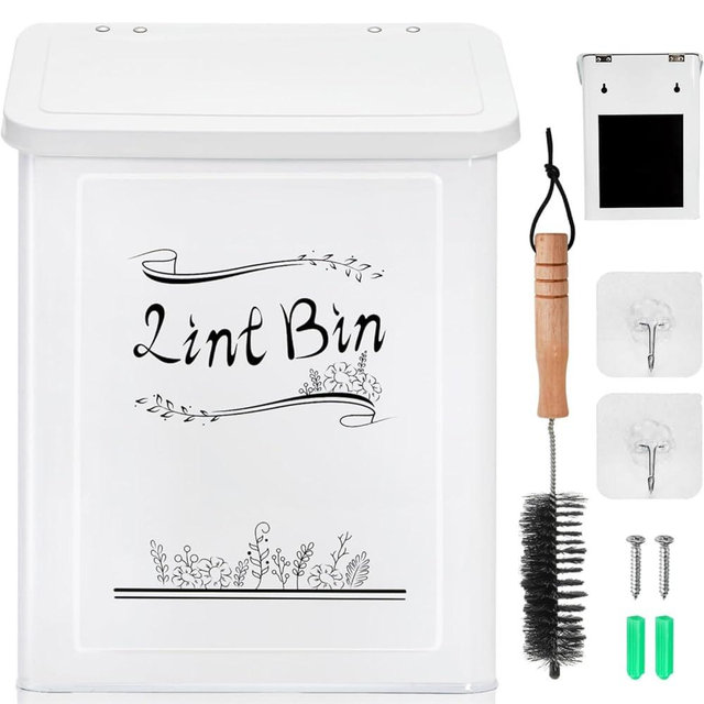 Tlence Magnetic Lint Bin, Wall Mounted Lint Trash Can with Brush, Metal Dryer Lint Holder with Lid, Hanging Washer Waste Lint Box, Farmhouse Laundry Room Decor for Lint Organization and Storage, White