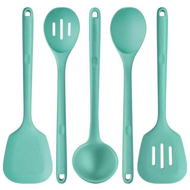 High Heat Resistant Kitchen Utensil: U-Taste 13.6" Silicone Cooking Tools Gadgets Set, BPA Free Non Stick Solid and Slotted Turner Spatula, Mixing Spoon, and Soup Ladle (5 Pieces, Aqua Sky)