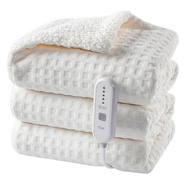 Dowin Heated Blanket Electric Blanket - Throw Size Waffle Fleece Heating Warming Blankets with Auto Shut Off for Couch Office Chair Bed Adults Fuzzy Cozy Machine Washable 50x60 Beige
