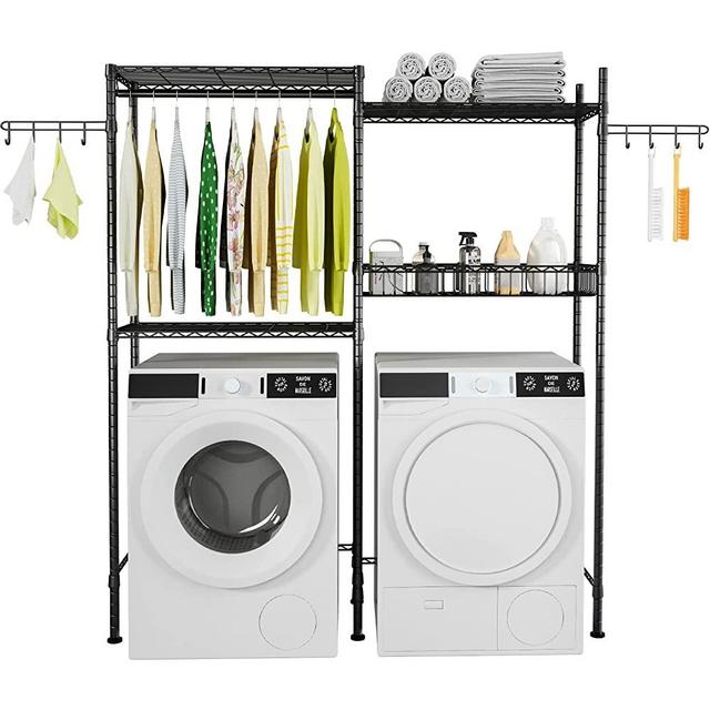 Ulif Clothes Drying Rack, Over Washer and Dryer Laundry Room Storage Shelf, Bathroom Towel Rack Space Saver with Adjustable Shelves, Wire Basket, and Rotatable Hooks, 63.4"L x 13.4"D x 76.7"H, Black