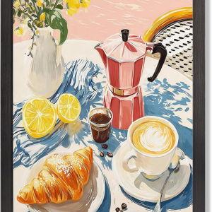 KIJDID Trendy Coffee Croissant Posters Vintage Cozy Breakfast Canvas Wall Art Colorful Floral Still Aesthetic Prints Painting For Home Kitchen Living Room Apartment Wall Decor 16x20in Framed Flat