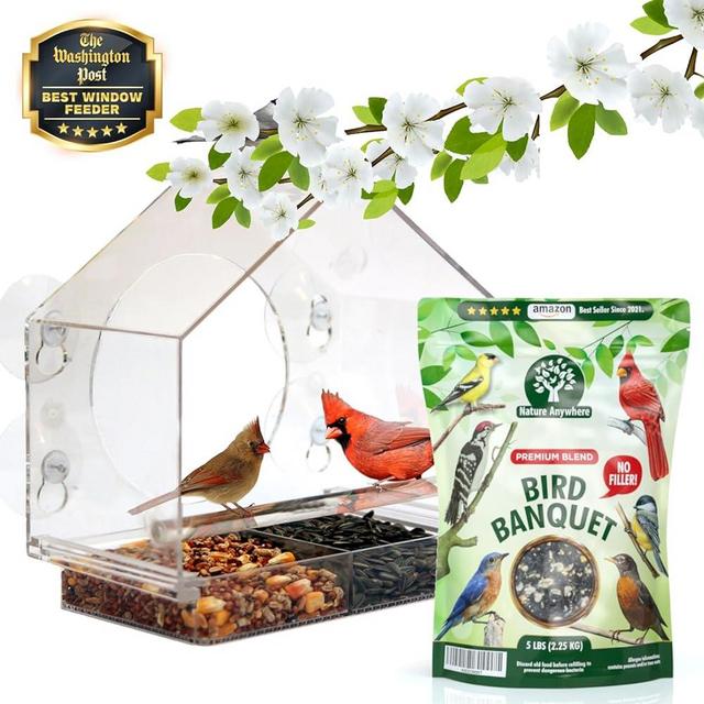 Birds-I-View Window Bird Feeder by Nature Anywhere with a 5Lbs Bag of Bird Banquet Premium Bird Seed