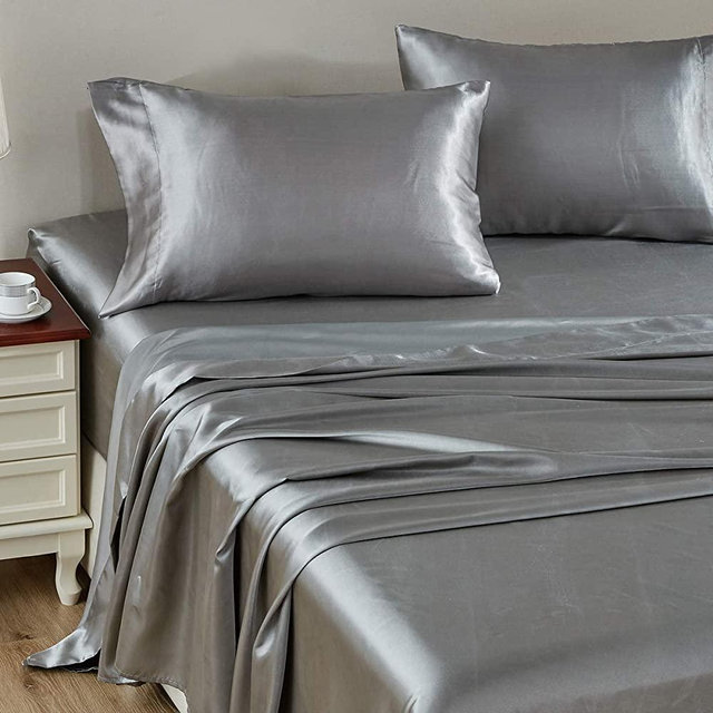 CozyLux Satin Sheets Queen Size 4-Pieces Silky Sheets Microfiber Light Grey Bed Sheet Set with 1 Deep Pocket Fitted Sheet, 1 Flat Sheet and 2 Pillowcases, Smooth and Soft