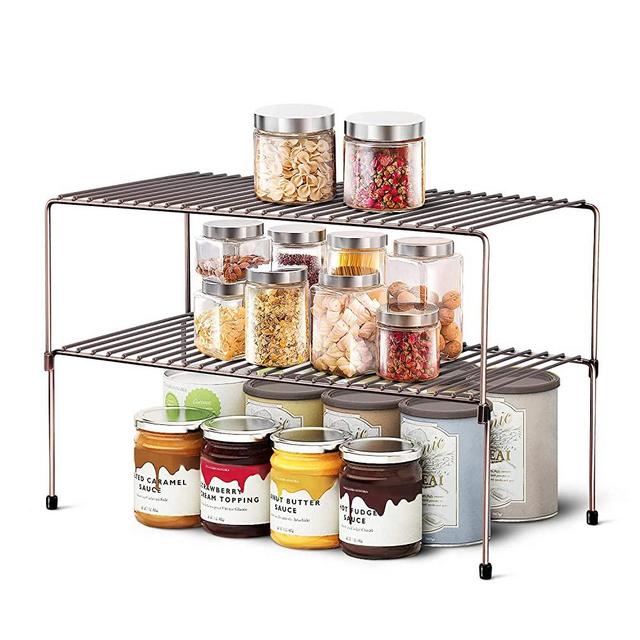 WOSOVO Expandable Stackable Cabinet Shelf Kitchen Counter Rack Organizer Multipurpose Pantry Bedroom Bathroom Storage Racks, 2 Pack
