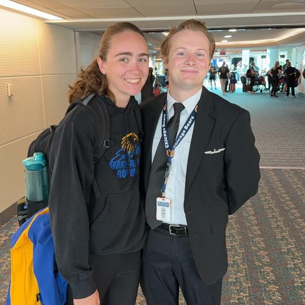 Kristen and Sean in the airport before the first commercial flight that Sean flew her on. He surprised the rowing team by picking up their flight to a race in Philly!