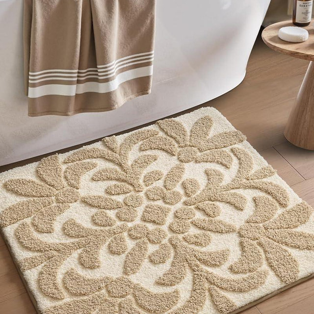 DEXI Bathroom Rug 24x24, Non Slip Washable Bath Mat, Absorbent Soft Microfiber Bathmat, Floral Plant Square Carpet for Shower Floor, Beige