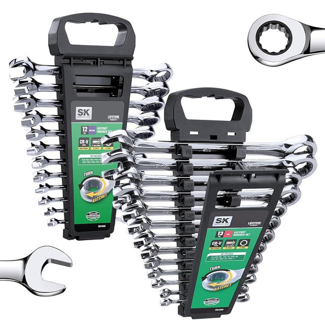 SK Ratcheting Wrench Set, Combination Wrench Set, 25-Piece, SAE 1/4" to 1", Metric 8 to 19mm, 72-Tooth, Premium CR-V Construction, with Rack Organizer