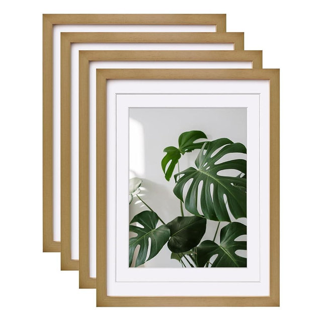 Egofine 12x16 Picture Frame with Plexiglass Made of Solid Wood, Display Pictures 9x12/11x14 with Mat or 12x16 Without Mat Set of 4 for Tabletop and Wall Mounting,Light Brown