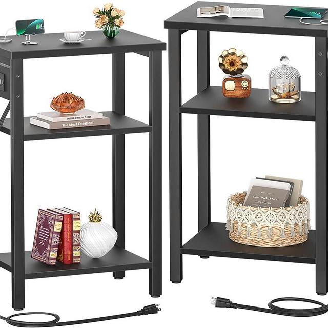 Cyclysio End Table Set of 2 with Charging Station, 3 Tier Small Nightstand with Storage Shelf, Slim Side Table with USB Ports & Outlets, Modern Sofa Bedside Table for Bedroom, Living Room, Black
