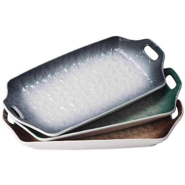 AQUIVER 12" Ceramic Platters - Rectangle Porcelain Serving Plates with Double Handle - Water Wave Relief Texture Baking Dish - for Appetizer, Sushi, Party, Entertaining Guests, Set of 3