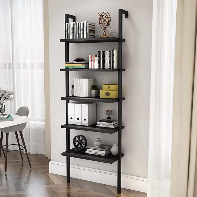 DKLGG 5-Tier Book Shelf Rack Against The Wall, Tall Ladder Shelf Wooden Bookcase Metal Frame Storage Plant and Flower, Single Standing Bookshelf Ladder ​for Living Room, Bedroom, Balcony, Home Office