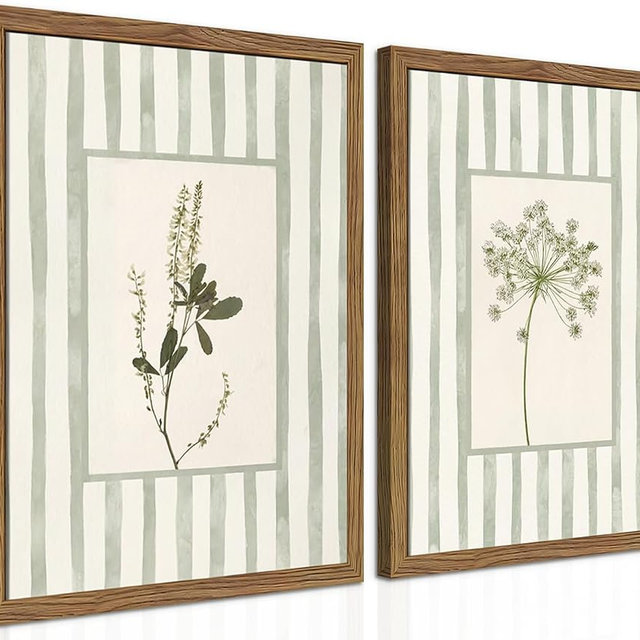 Sage Green Wildflower Wall Art Set of 2, Cottagecore Floral Botanical Canvas Wall Decor, Vintage Rustic Striped Flower Posters Prints Pictures for Living Room Bedroom Bathroom 16x24 Inch Framed