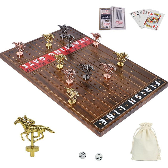NRZSSN Horse Race Board Game with 11 Luxurious Durable Classic Metal Horses with 4 Dice and 2 Boxes of CardsThickened Solid Wood Horse Racing Game (Rustic Brown)