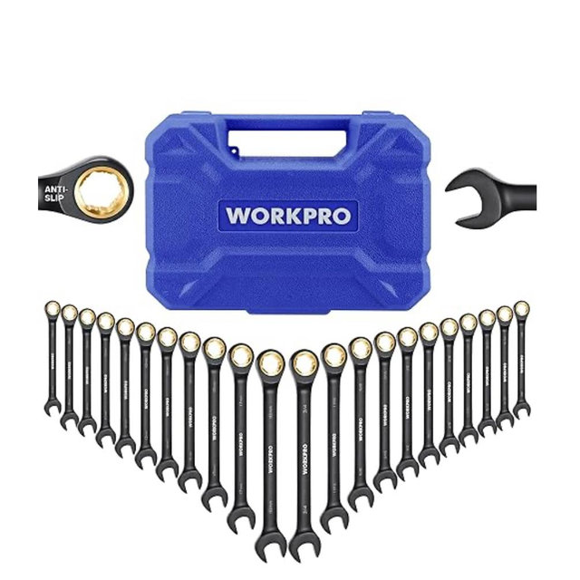 WORKPRO 22-Piece Ratcheting Wrench Set, Anti-slip Teeth, Ratchet Combination Wrench Sets with Organizer Box, Metric 6-18mm & SAE 1/4-3/4", Black Electrophoretic Coating
