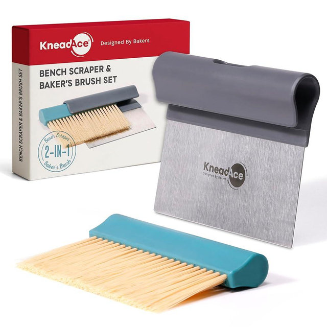 KneadAce Dough Scraper & Baker’s Brush.Stainless Steel Bench Scraper & Flour Cleaning Brush. Kitchen Tool for Pastry, Sourdough and Baking Prep Bread Dough Cutter, Gift For Bakers (Gray/Turquoise)