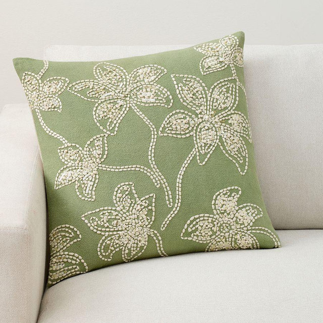 Asher Floral Embroidered Pillow Cover, Elm Green, 20"