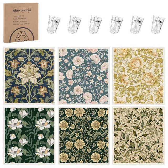 Needbrock 6 Pack William Morris Swedish Dishcloths for Kitchen,Swedish Rags Dish Towels with Clips, Reusable Paper Towel Absorbent Cellulose Sponge Cloths No Odor for Cleaning Home Kitchen