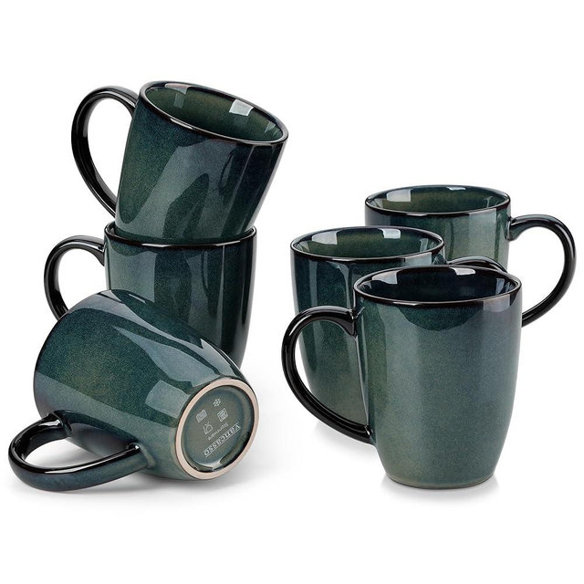 vancasso STARRY Ceramic Coffee Mug Set of 6, 12 Oz Tea Cups with Handle for Latte, Tea, Cappuccino, Milk, Cocoa, Microwave&Dishwasher Safe, Green