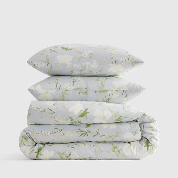 Classic Organic Percale Floral Deluxe Bedding Bundle - Blue Garden, Queen