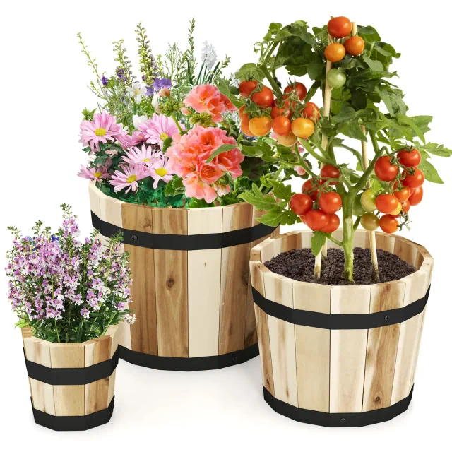 Costway Outdoor Wooden Planter Box Set of 3 w/ Drainage Holes for Flower Herb Shrub