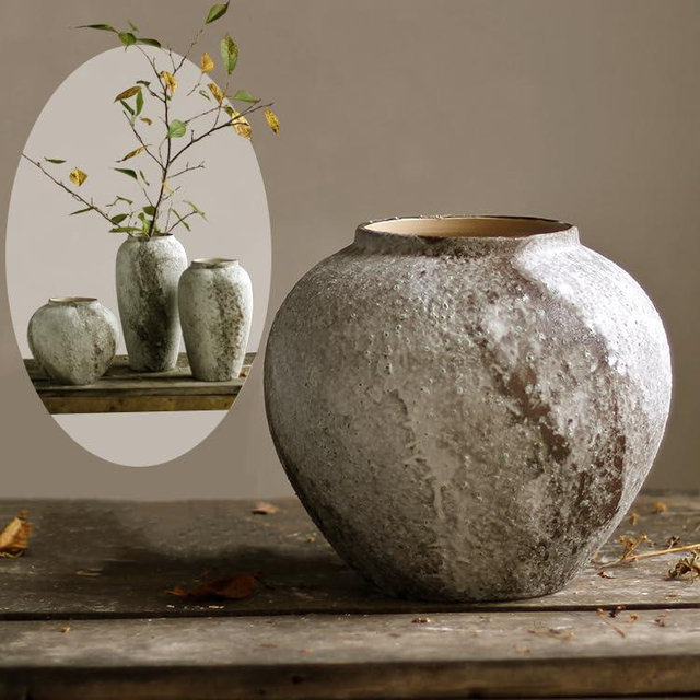 Denique Rustic Ceramic Flower Vase, Vintage Tall Floor Vase Farmhouse Decor, Large Vases for Living Room Entryway Table Centerpiece Decor, Terracotta Vases Pottery Clay Vase(A-22cm)