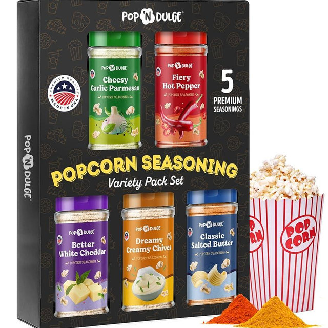 Popcorn Seasoning Popcorn Flavoring Variety Pack Gifts Set of 5 Popcorn Salt 2.5 OZ Shakers, Non-GMO Toppings, Movie Night Supplies Gift Basket, Popcorn Gift Set, Gift Ideas