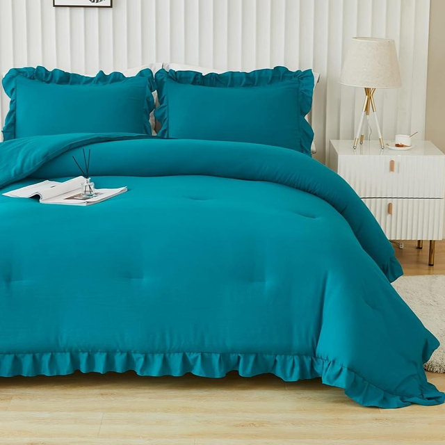 Andency California King Comforter Set Turquoise (104x96Inch), 3 Pieces Cal King Ruffle Comforter, Oversized Farmhouse Shabby Chic Bed Comforter, Lightweight and Soft Microfiber Bedding Set