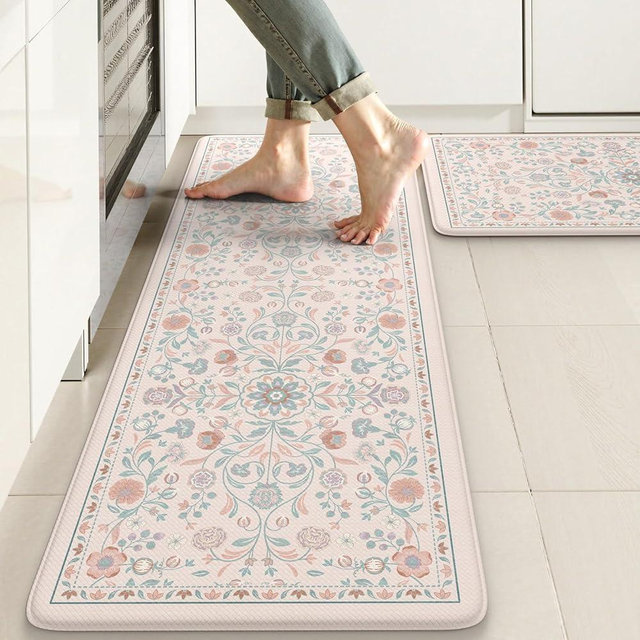 KIMODE Comfort Kitchen Mats Cushioned Anti Fatigue,Boho Floral Kitchen Rugs Sets of 2 Non Slip,Padded Memory Foam Ergonomic Standing Carpet for Laundry Sink Office,Pink