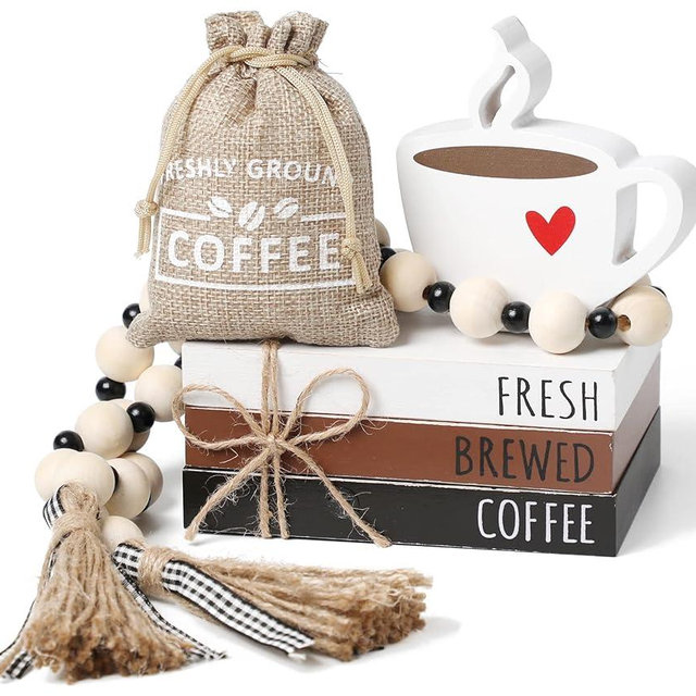 6 PCS Coffee Bar Decor Mini Coffee Bar Accessories Coffee Bar Sign Coffee Tiered Tray Decor Coffee Wooden Book Stacks Rustic Farmhouse Coffee Table Sign