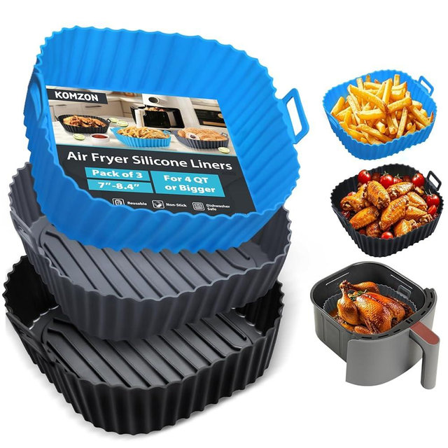 Komzon Silicone Air Fryer Liners Reusable 3 PCS, Airfryer Liners, Silicone Air Fryer Basket Liners Square, Food Grade Air Fryer Accessories 4-7 QT, Ktchen Gadgets for Pot Oven Liner Baking Tray Pan