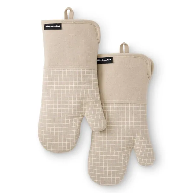KITCHENAID Gourmet Series Gridlines Oven Mitts 2-Pack Set, Heat Resistant up to 600°F, Soft Silicone Grip, Magnetic Cuff, Milkshake Tan, 7"x14"