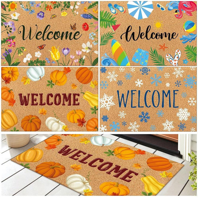 Tinideya Seasonal Welcome Door Mat 24"x15" Interchangeable Entrance Mats for Front Door Non-Slip Rugs Faux Coir Doormat for Spring Summer Fall Winter Indoor Outdoor