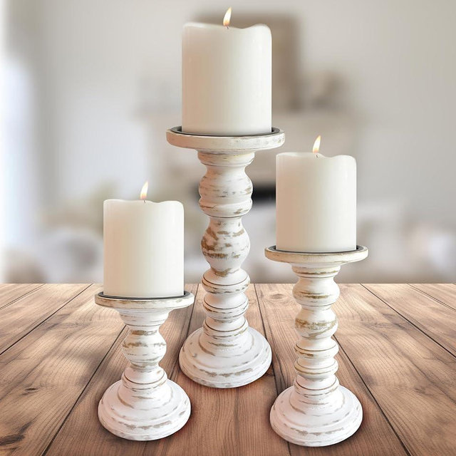 Wood Candle Holders for Pillar Candles (Set of 3) 12", 9" and 6" Tall, Large Rustic Pillar Candlestick Holder Stands (Fits 4 inch and 3 inch Wide Candles) Antique White Modern Farmhouse Decor